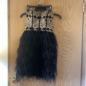 Gold and black lace, feather mini party dress
